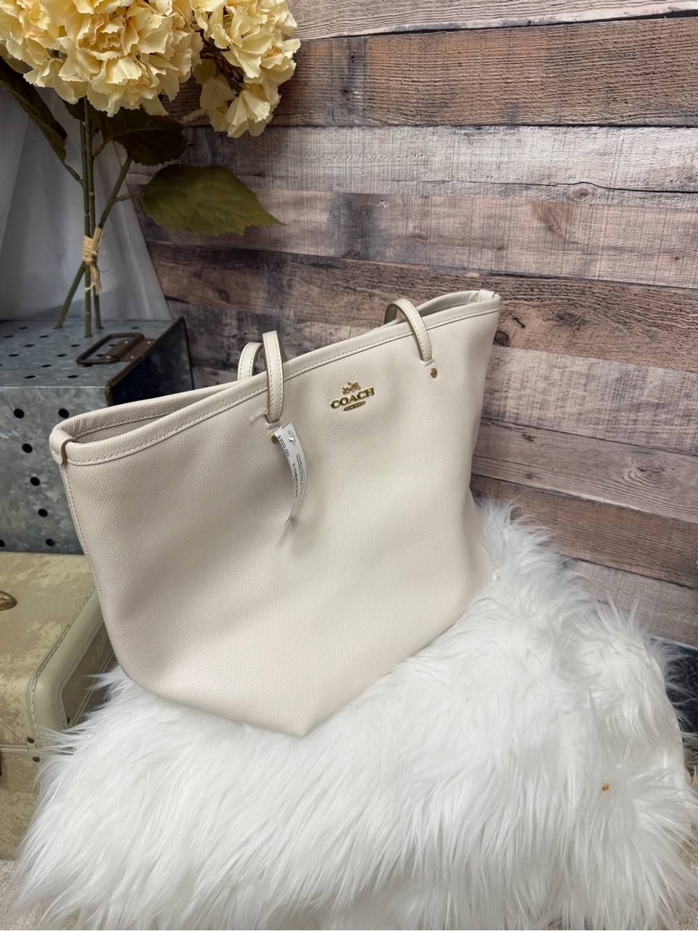 Coach Cream Saffiano Leather Tote with Gold Logo - Picture 2 of 4